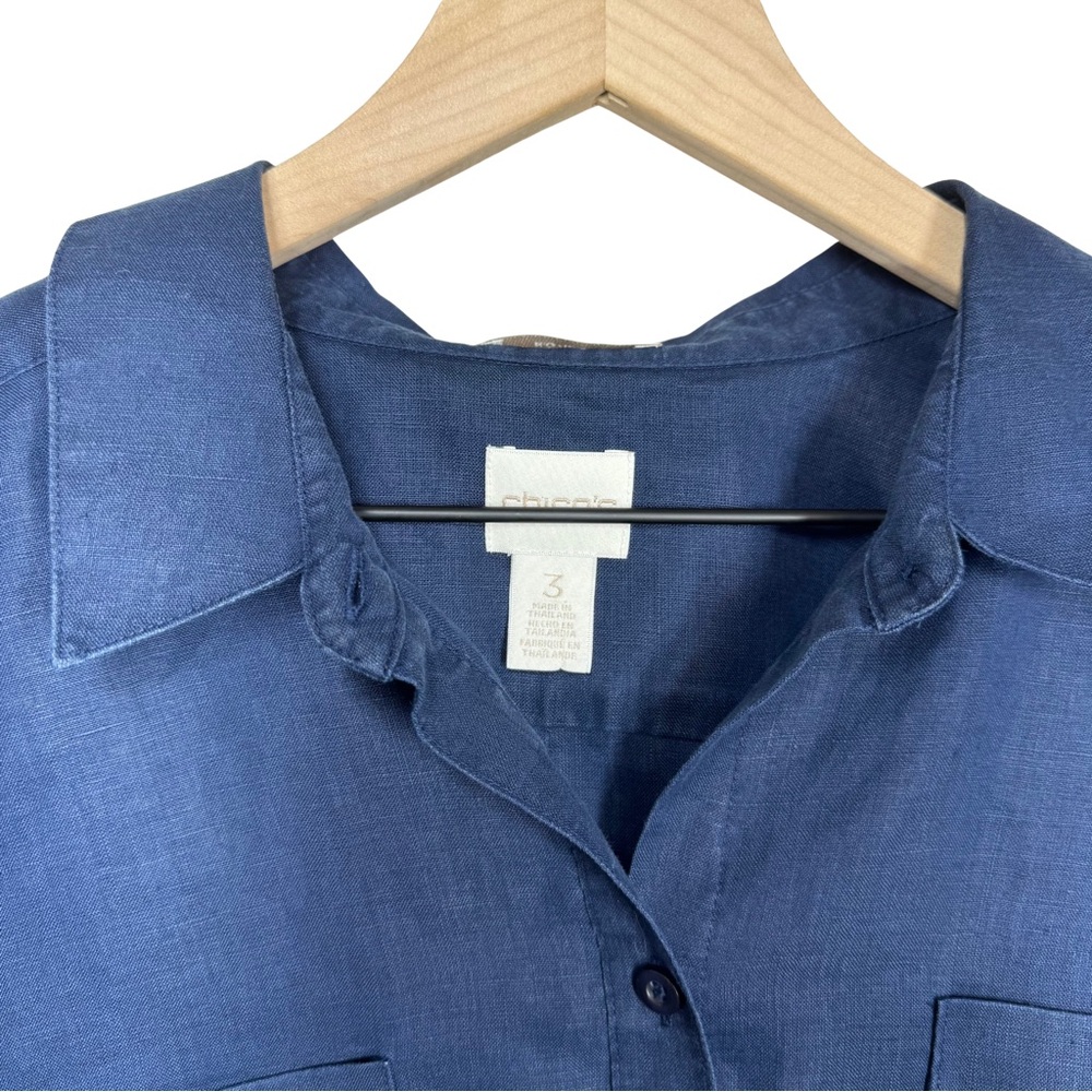 Chico’s 3 Navy Linen Roll Tab Collared Tunic Button Down No Iron Resort Beach - Picture 3 of 9
